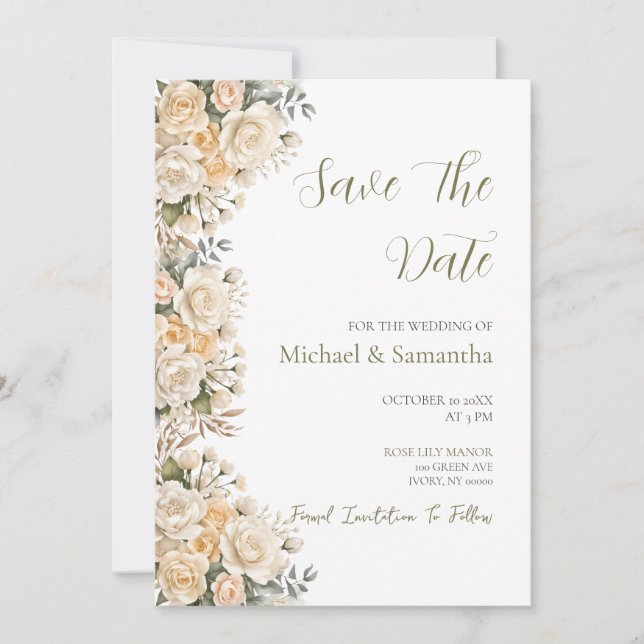 Save The Date Mariage Élégant Perle Blanche et Rose d'Ivoire (Devant)