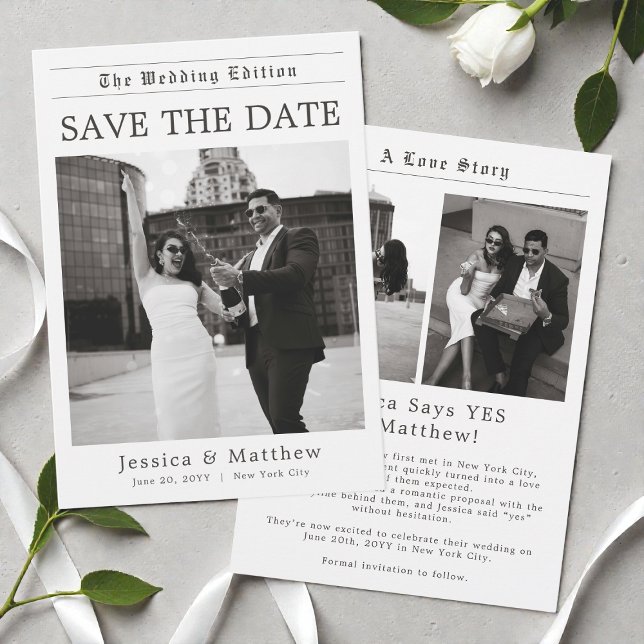Save The Date Mariage Élégant Photo Noir et Blanc Journal (Elegant Newspaper Black and White Photo Wedding Save The Date)