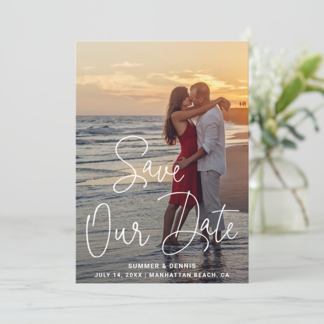 Save The Date Mariage Élégant Photo Script Moderne (Debout devant)