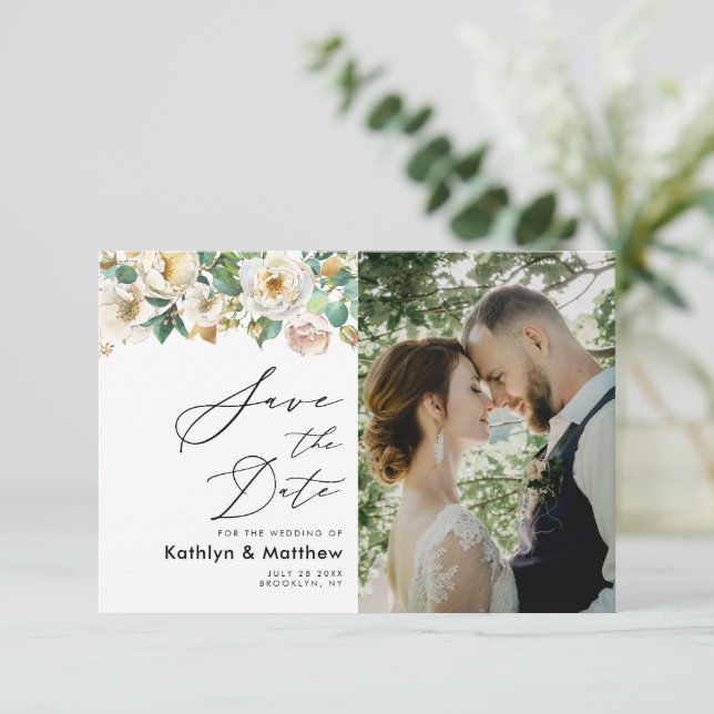Save The Date Mariage Élégant Pivoine Floral Feuillage Script Ph (Debout devant)