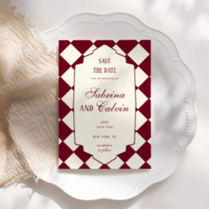 Save The Date Mariage élégant rétro à carreaux bordeaux
