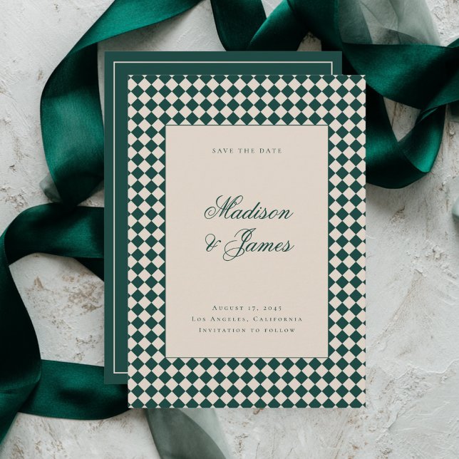 Save The Date Mariage Élégant Rétro à Carreaux Vert Beige (Créateur téléchargé)