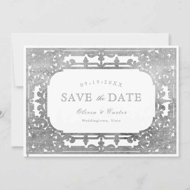 Save The Date Mariage élégant romantique orné d'argent (Devant)