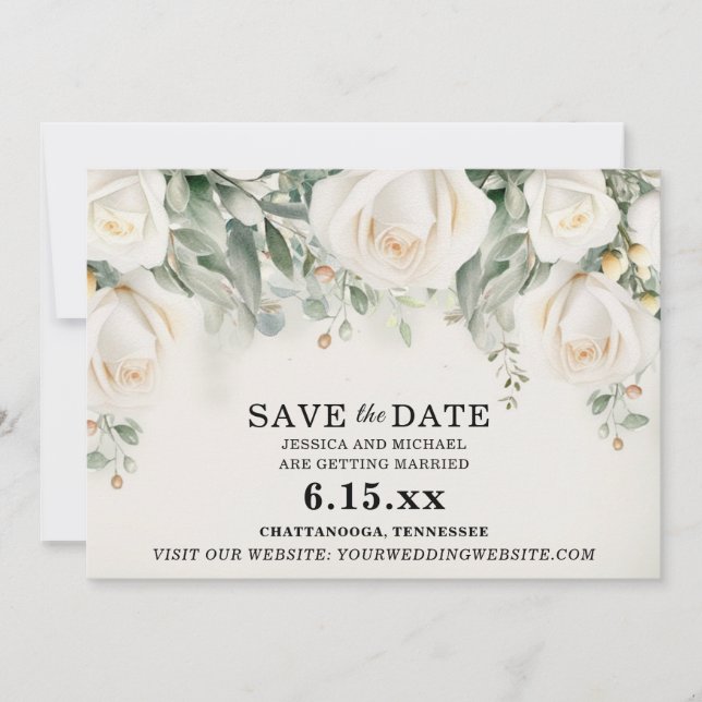 Save The Date Mariage Élégant Roses Blanches Verdure (Devant)