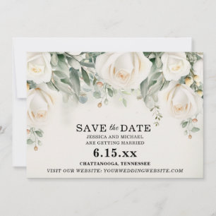 Save The Date Mariage Élégant Roses Blanches Verdure