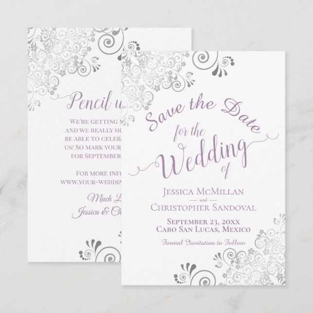 Save The Date Mariage Élégant Ruban Argent Lavande & Blanc (Devant / Derrière)