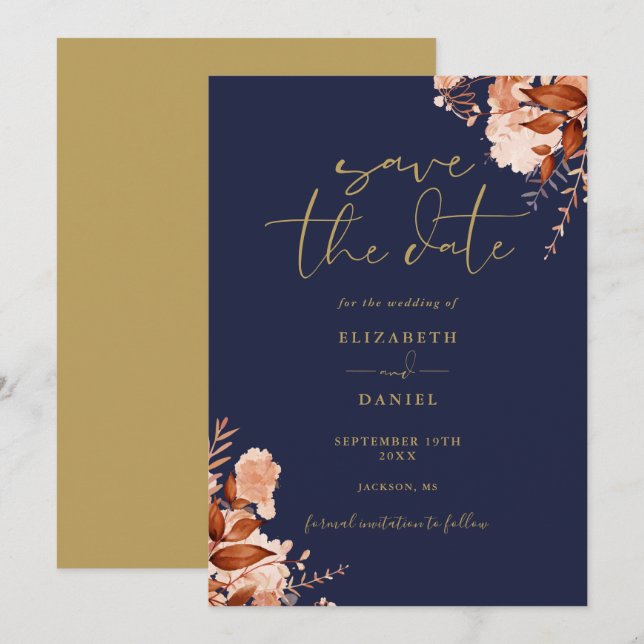 Save The Date Mariage Élégant Rustique Floral Bleu Nuit Et Or (Devant / Derrière)