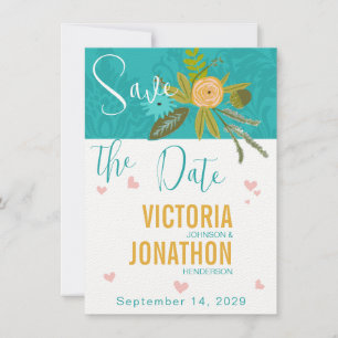 Save The Date Mariage élégant sarcelle damassé turquoise rose or