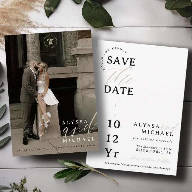 Save The Date Mariage élégant simple moderne blanc écriture phot (Elegant modern photo typography script simple wedding save the date, black and white, champagne tan)