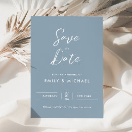 Save The Date Mariage Élégant Simple Script Bleu Poussiéreux