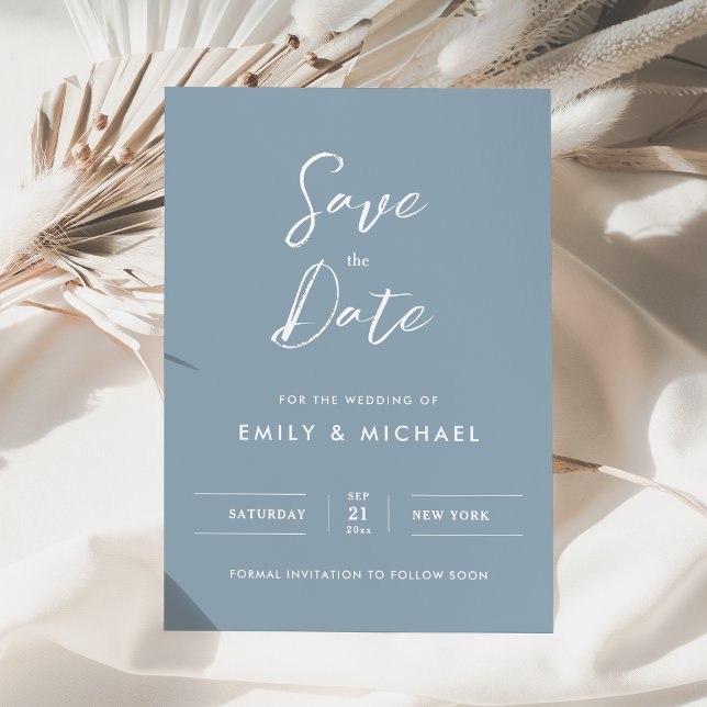 Save The Date Mariage Élégant Simple Script Bleu Poussiéreux (Minimalist simple dusty blue with white calligraphy - elegant and tasteful for your special day)