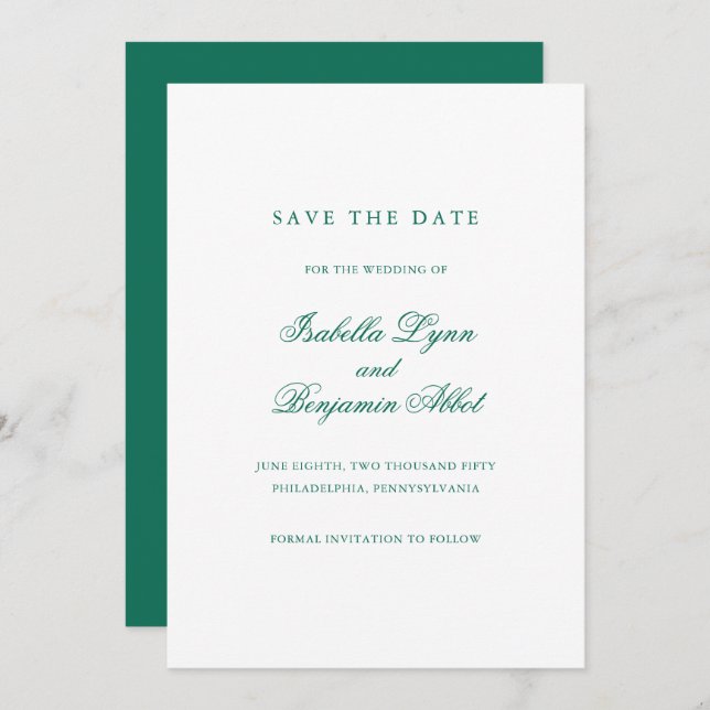 Save The Date Mariage élégant traditionnel vert émeraude (Devant / Derrière)