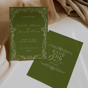 Save The Date Mariage élégant vert olive Argent ancien classe