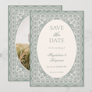 Save The Date Mariage Élégant Vert Sauge Chic Crème de Dentelle