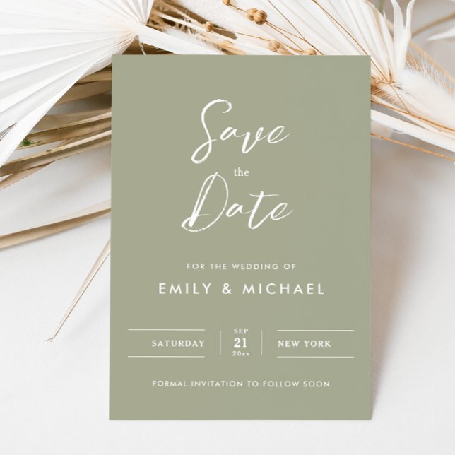 Save The Date Mariage Élégant Vert Sauge Écriture Simple (Simple elegant sage green with white calligraphy - elegant and tasteful for your special day)