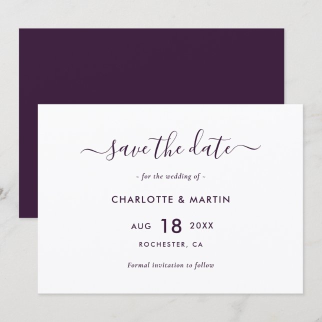 Save The Date Mariage élégant violet écriture moderne (Devant / Derrière)