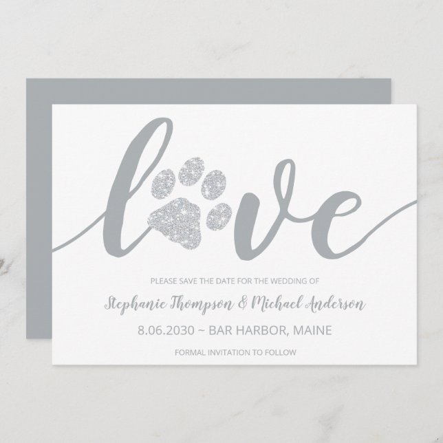 Save The Date Mariage Empreinte de patte Love Silver Parties sci (Devant / Derrière)