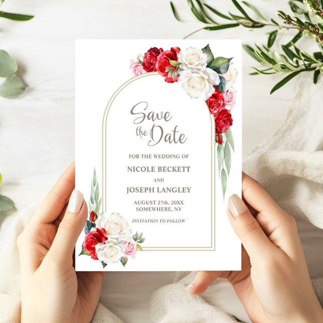 Save The Date Mariage en arc floral blanc rouge Enregistrer la d (Créateur téléchargé)