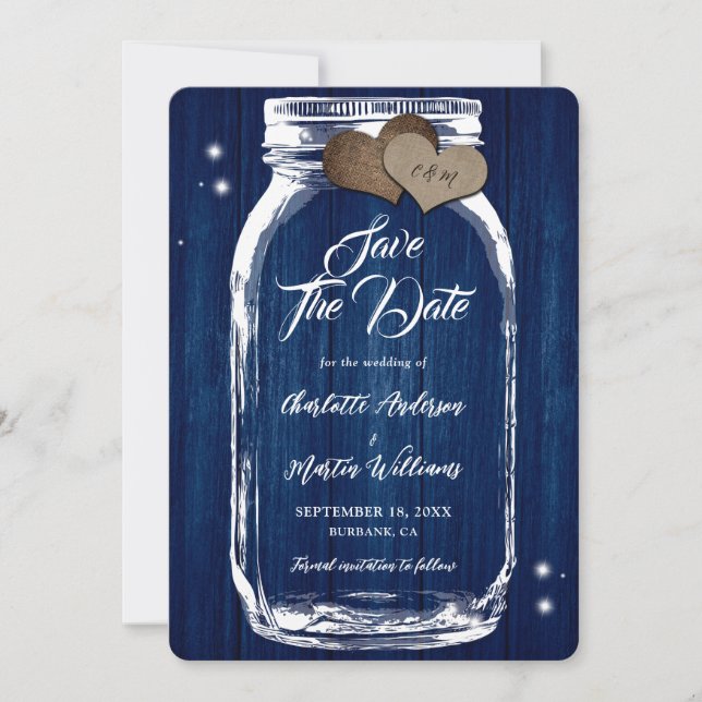 Save The Date Mariage en bois de Jar Mason bleu de la marine rus (Devant)