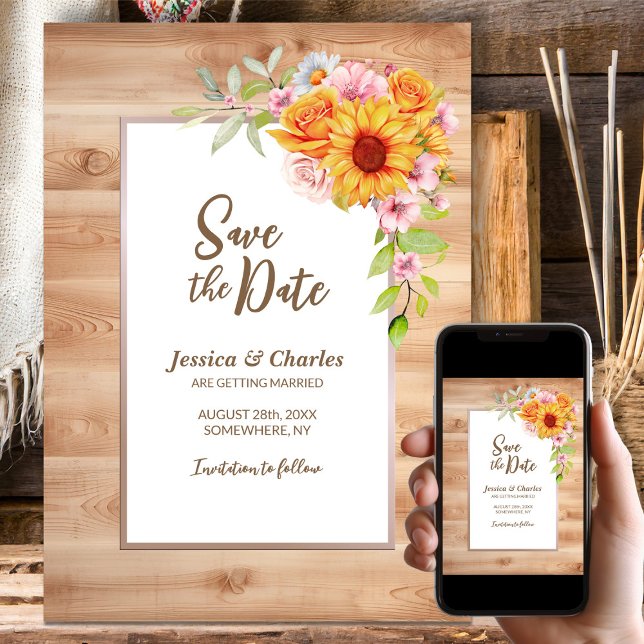 Save The Date Mariage en bois de tournesol (Créateur téléchargé)
