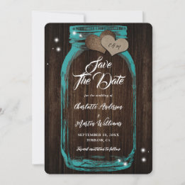 Save The Date Mariage en bois rustique pot Mason sarcelle