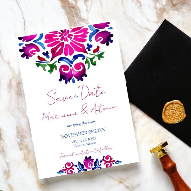 Save The Date Mariage en carreaux de Talavera espagnol bleu rose (Pink blue Spanish Talavera tiles wedding Save The Date Bold colorful save the date whimsical casual)