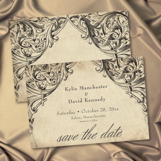 Save The Date Mariage en cuir noir jusqu'à la mort (Vintage Bat Until Death Black Parchment Photo Save The Date)