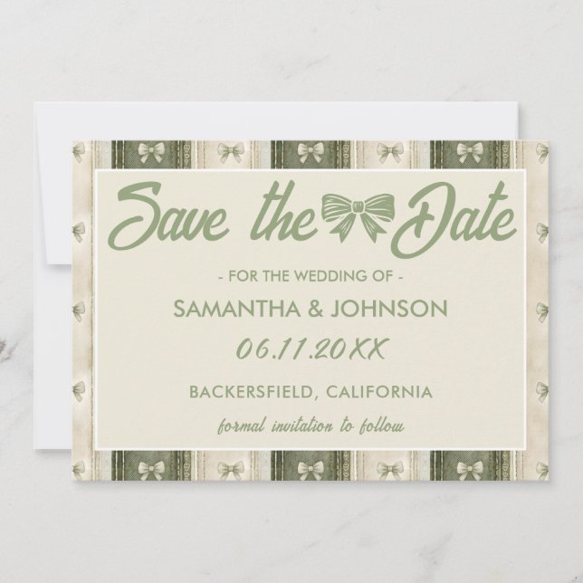 Save The Date Mariage en denim rustique vert sauge (Devant)