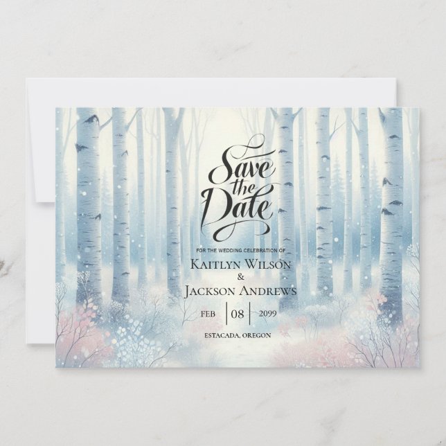 Save The Date Mariage en forêt de bouleau bleu givré (Devant)