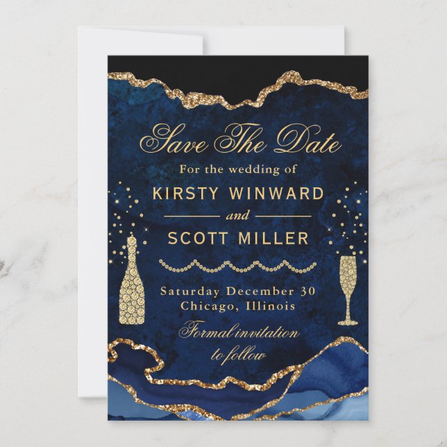 Save The Date Mariage en marbre d'agate fausse paillette bleu et (Devant)