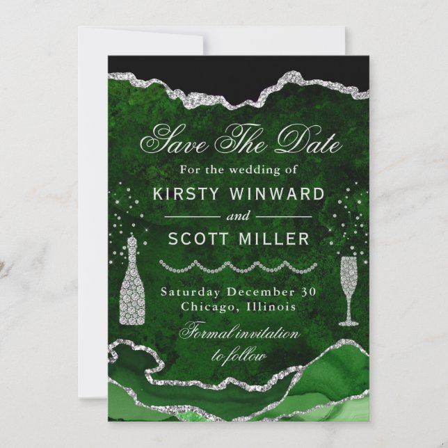 Save The Date Mariage en marbre d'agate vert et argent faux pail (Devant)