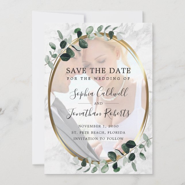 Save The Date Mariage en marbre Eucalyptus Photo Gold Frame (Devant)