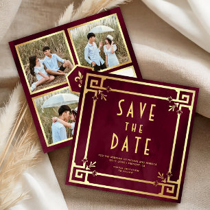 Save The Date Mariage en or burgonde Art Déco avec collage de ph