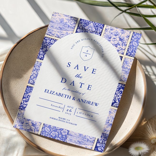 Save The Date Mariage en porcelaine patchwork bleu de Delft (Créateur téléchargé)