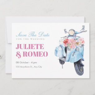 Save The Date Mariage en scooter bleu vintage