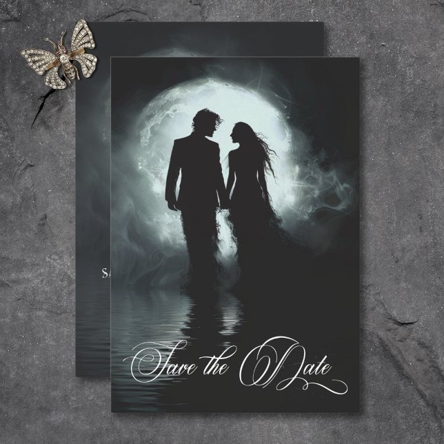 Save The Date Mariage en silhouette couleur couleur couleur jaun (Dark Gothic Moonlight Couple Silhouette Wedding Save The Date)
