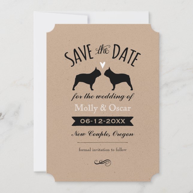 Save The Date Mariage en silhouettes Bulldog français Enregistre (Devant)