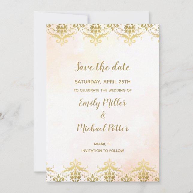 Save The Date Mariage Enregistrer La Date Aquarelle Peach Gold (Devant)