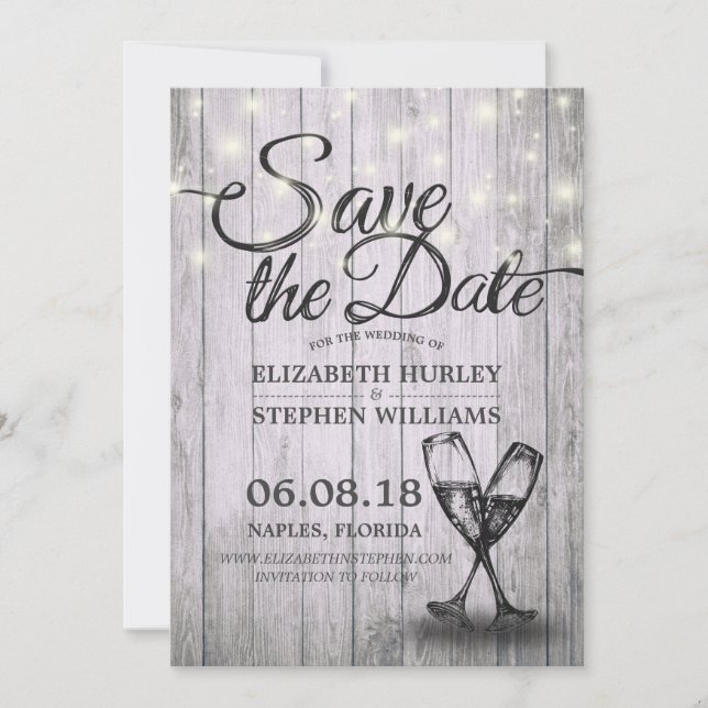 Save The Date Mariage Enregistrer La Date Champagne Verres Bois  (Devant)