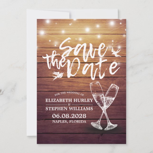 Save The Date Mariage Enregistrer La Date Champagne Verres Bois  (Devant)