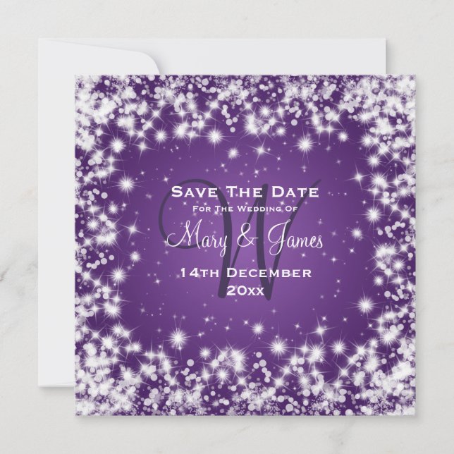 Save The Date Mariage Enregistrer La Date Hiver Étincelle Violet (Devant)