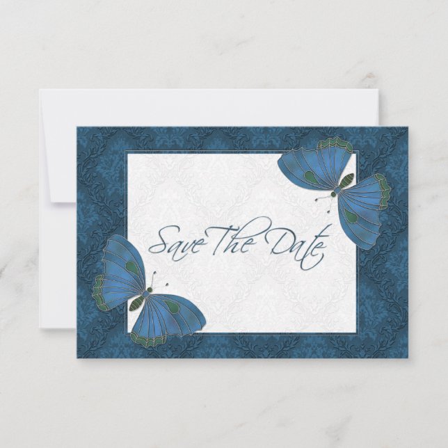 Save The Date Mariage Enregistrer la date Papillon Brocade bleu (Devant)