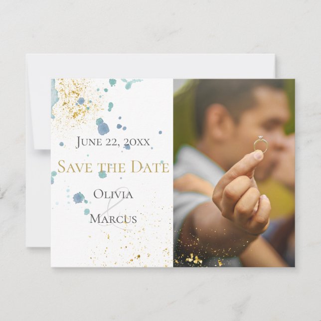 Save The Date MARIAGE | Enregistrer la date PHOTO Bleu éclats (Devant)