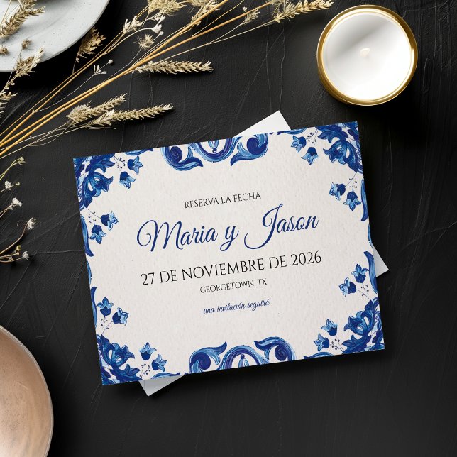 Save The Date Mariage Espagnol Élégant Fiesta Floral Bleu (Blue Floral Elegant Fiesta Spanish Wedding Save The Date)