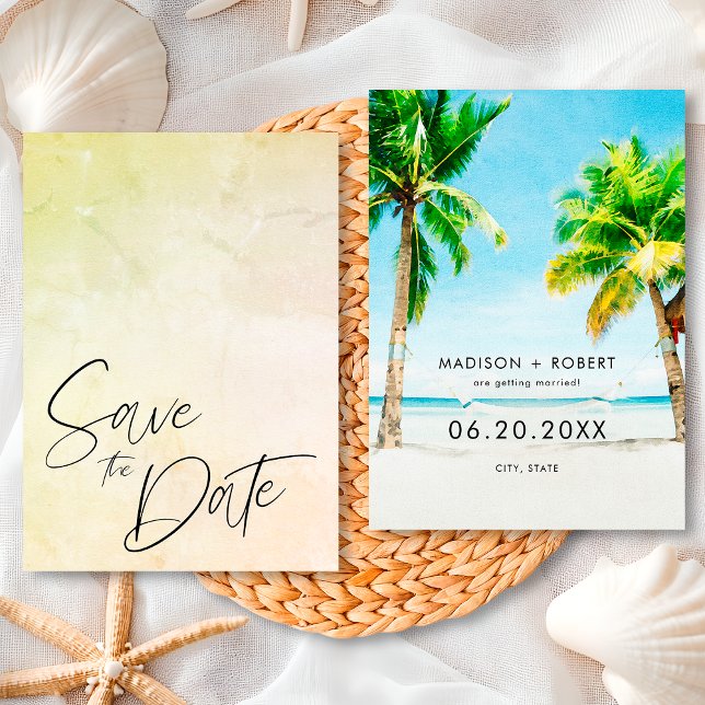 Save The Date Mariage Estival sur une Plage aux Palmiers Tropica (Créateur téléchargé)