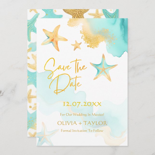 Save The Date Mariage étoile de mer aquarelle bleu turquoise et  (Devant / Derrière)