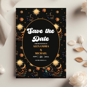 Save The Date Mariage Étoiles Célestes en Or Noir Mystique