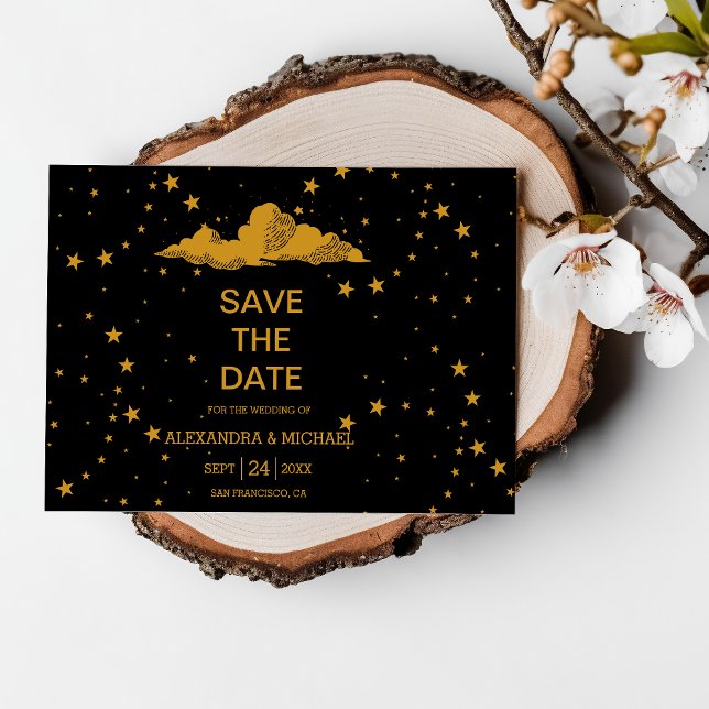 Save The Date Mariage Étoiles Célestes Or Noir Mystique  (Créateur téléchargé)