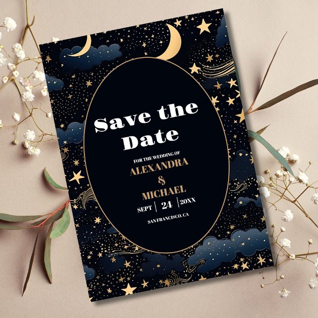 Save The Date Mariage Étoiles Lune Bleu Minuit Céleste (Créateur téléchargé)
