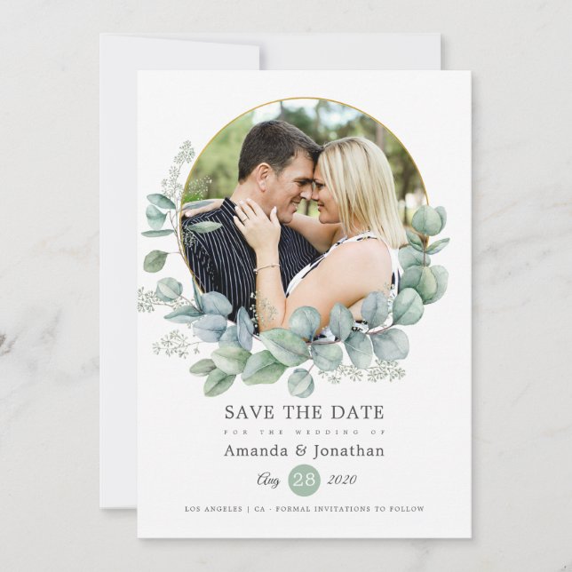 Save The Date Mariage Eucalyptus géométrique aquarelle (Devant)